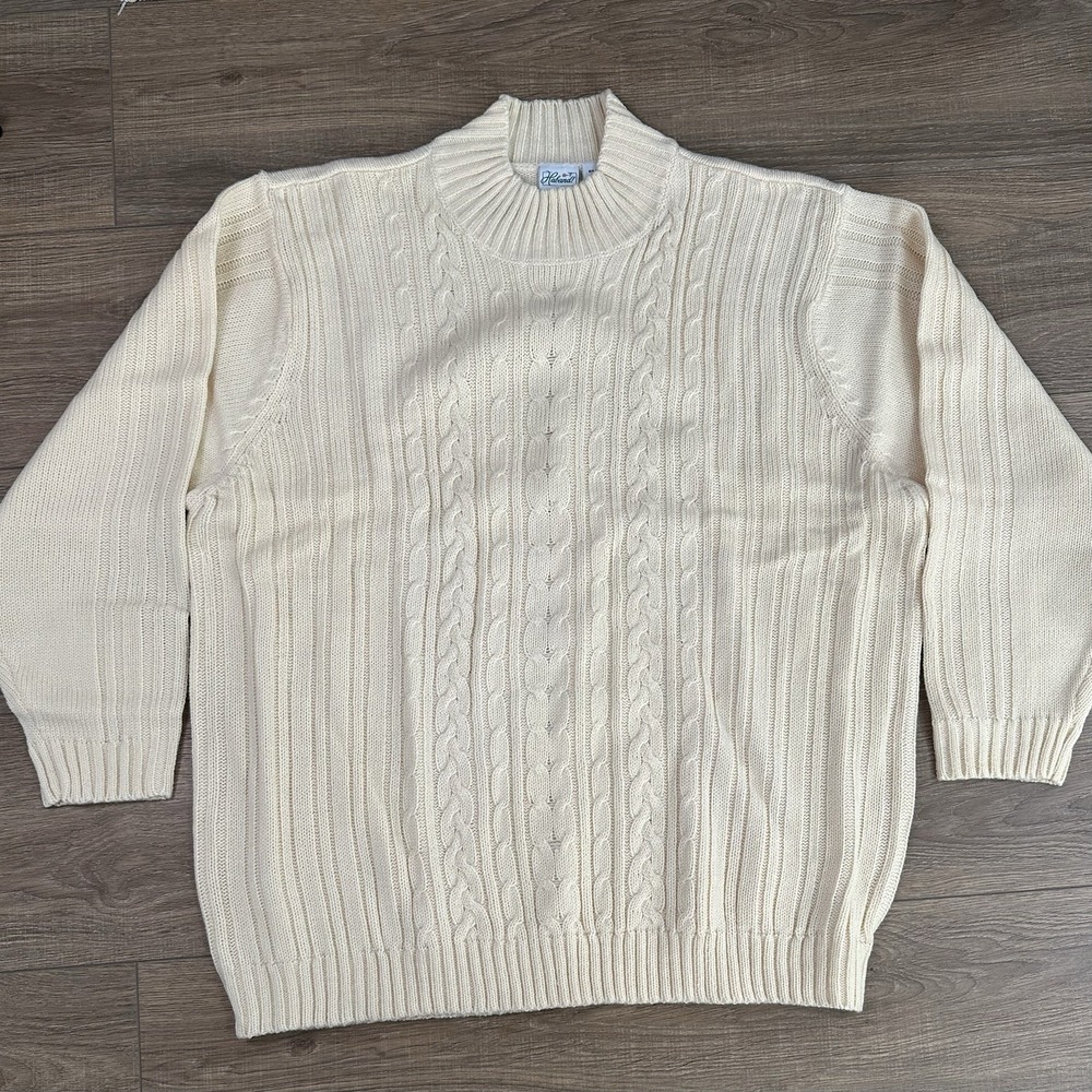 Vintage Haband Sweater Womens Medium Ivory/Beige Cable Knit Mock Neck Ribbed‎ XL